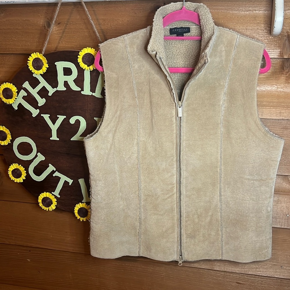 Express Vintage Y2K Leather Zip Vest Sherpa Lined Tan Western Boho 00s Fuzzy
